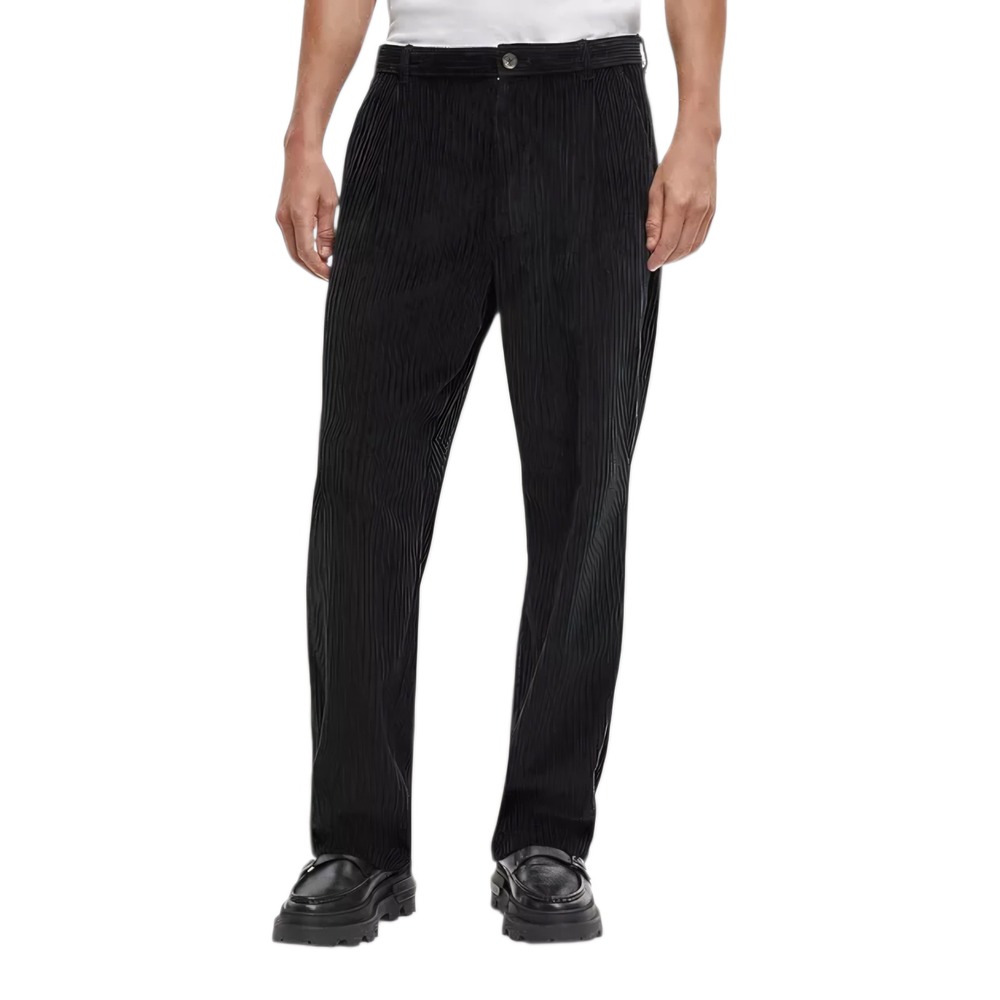 Corduroy Pleated Black Men's Pants - Classic Straight Fit